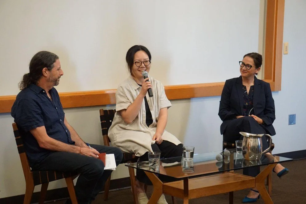   UCSB Faculty Fellows David Novak, left, Susan Hwang, center, and Stephanie Malia Hom, right, during the Q&A portion of the Interdisciplinary Humanities Center showcase, where they discussed research challenging conventional historical narratives.                                                    Photo byAlessandra Bortolazzo  