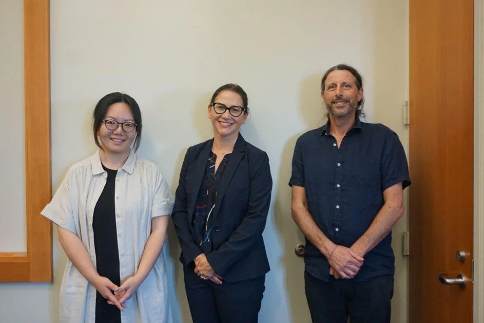   UCSB Faculty Fellows nominees Susan Hwang, Stephanie Malia Hom, and David Novak (left to right) at the Interdisciplinary Humanities Center showcase where they presented research challenging conventional historical narratives.   Photo by Alessandra Bortolazzo  