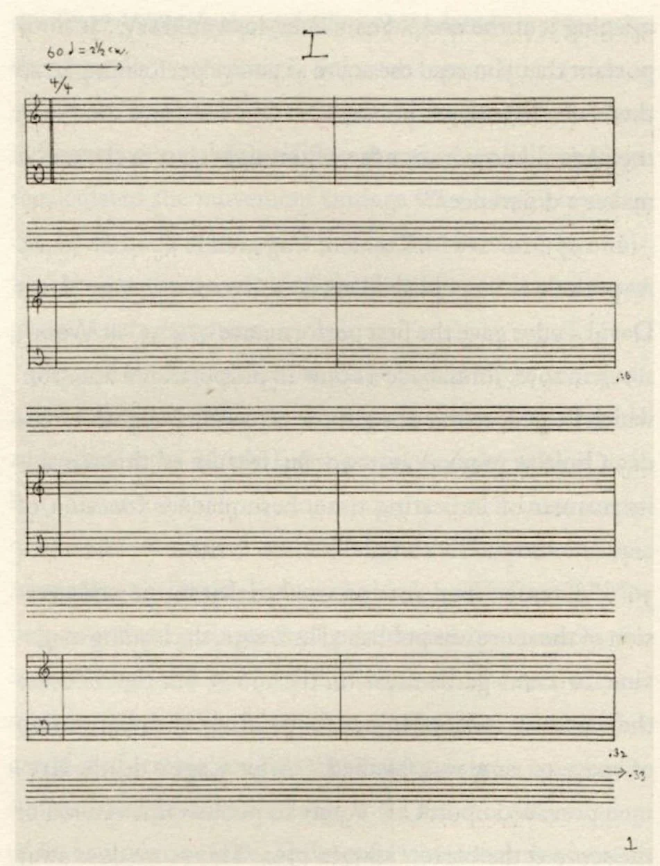 The sheet music for 4’33”, a piece by American composer John Cage which features four minutes and 33 seconds of uninterrupted silence.  