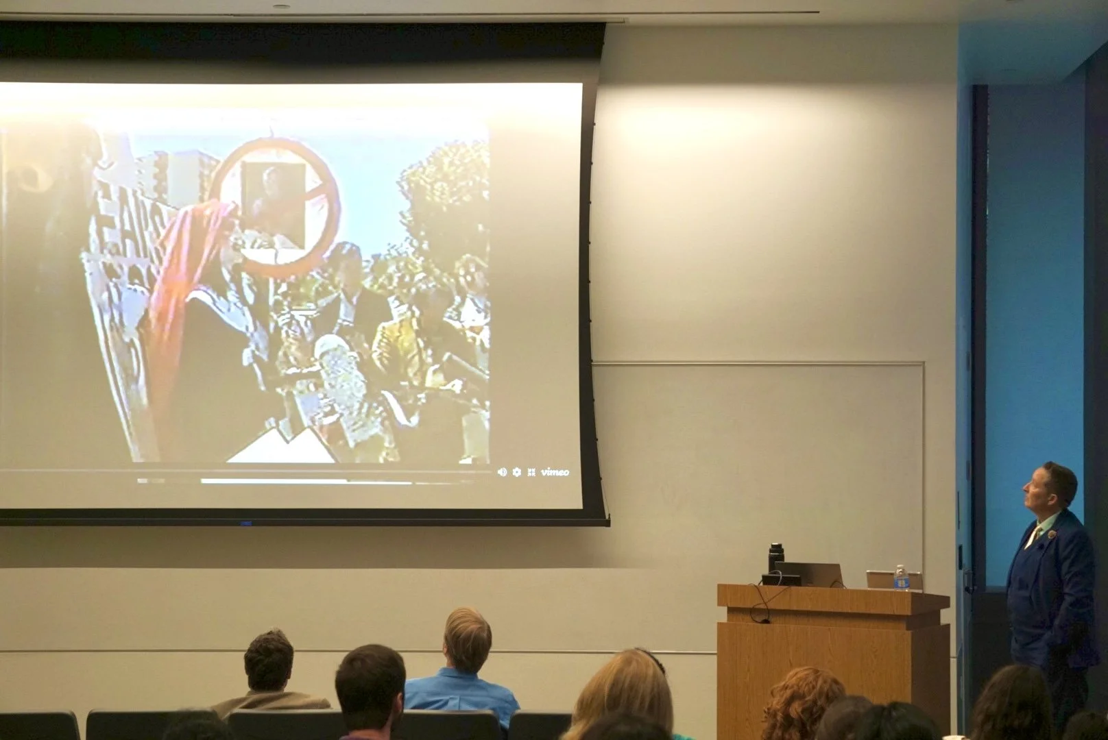   UC Riverside religious studies professor Melissa M. Wilcox shows a video of the Sisters of Perpetual Indulgence at a 2007 protest in San Francisco.  Wilcox was hosted by UCSB’s Walter H. Capps Center on its 60th anniversary.                                                                                                                                        Photo Courtesy of the Walter H. Capps Center  