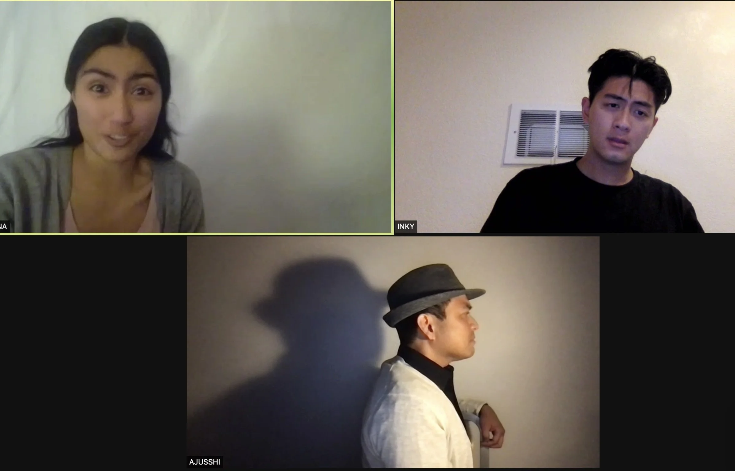  (Clockwise from top left) Ahlora Smith as Celina, Lucas Cheng as Inky, and Ruffy Landayan as Celina’s absent father, in Acetone Wishes and Plexiglass Dreams.  