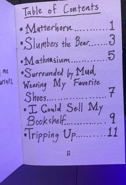  The table of contents in Jason Cathcart’s personal poetry magazine “Dizziness, Great!” which features six poems. 