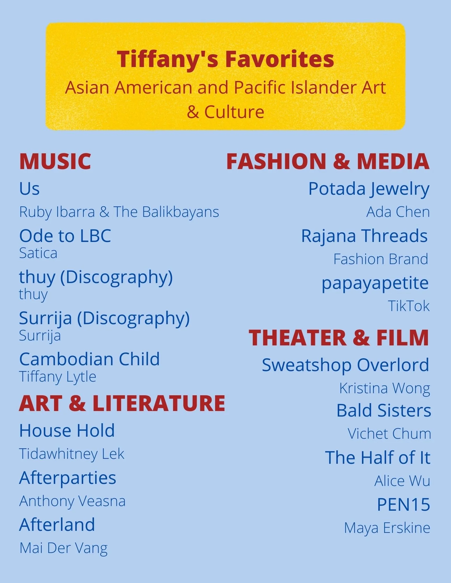  Theater, Dance, and Performance Studies Ph. D. candidate Tiffany Lytle recommended several AAPI creative artists to during a recent Humanities and Fine Arts event titled  Enriching America.  