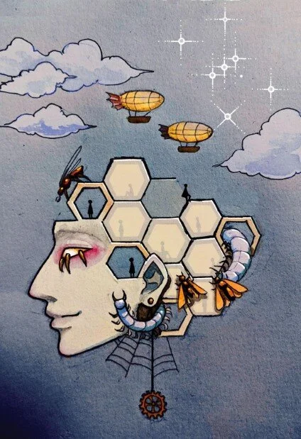  “Sci-Fi: Dystopian” student Quill Sang produced a digitally modified watercolor and pen piece inspired by E.M. Forster's 1909 “The Machine Stops,” a short story in which humans live in isolation and only communicate through a machine. Provided by Sang. 