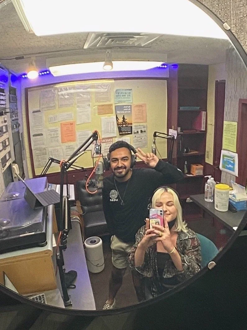 UCSB Professional Writing Minor alumna Ashley Rusch, right, at the campus KCSB studio in 2022, with fellow news director Daniel Huecias. 