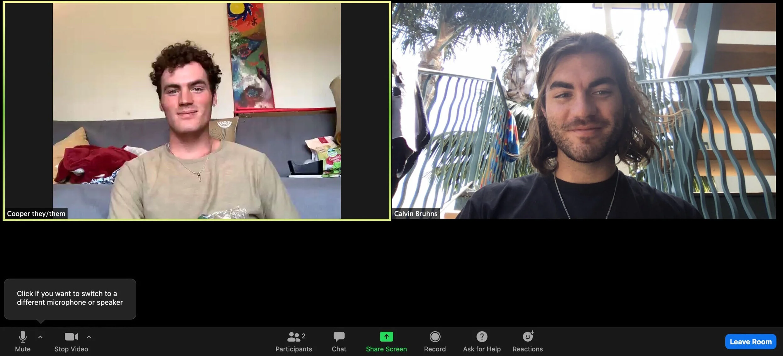  A screenshot of Theater graduate Cooper Bruhns (left) and Film graduate Calvin Bruhns, from a recent interview conducted over Zoom. 