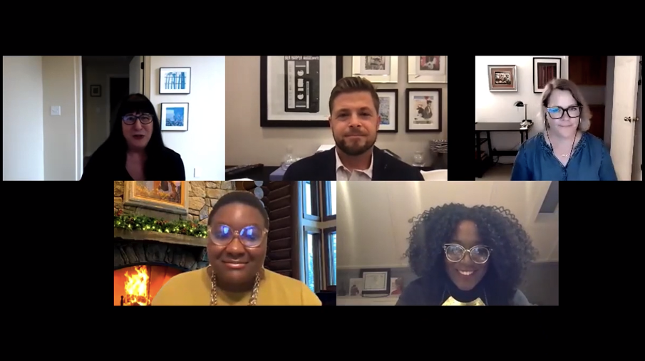  UCSB’s Carsey-Wolf Center hosted a virtual roundtable discussion titled  Television in the Age of Pandemic.  The panel included media experts Victoria Johnson from UC Irvine (top right), Reece Peck from CUNY Staten Island (top middle), Samantha Sheppard from Cornell (bottom right), and Kristen Warner from the University of Alabama (bottom left). Carsey-Wof director Patrice Petro (top left), moderated the talk. 