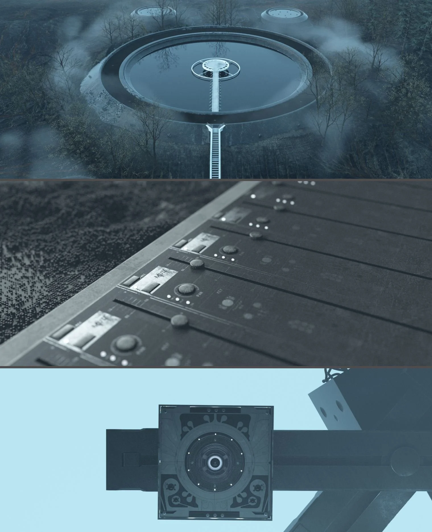  In Kamal’s fictional landscape “Da Floods,” trap music artists use enormous cranes and sound boards to produce music, while basins full of water vibrate with the sounds of their work.  