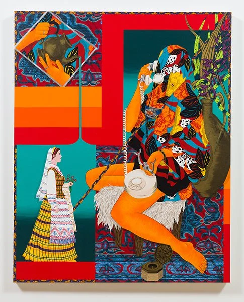   In “Calling on the Past,” Fallah used his background in graphic design to design a layout, creating a hierarchy of visuals to include different imagery without overwhelming the painting.  