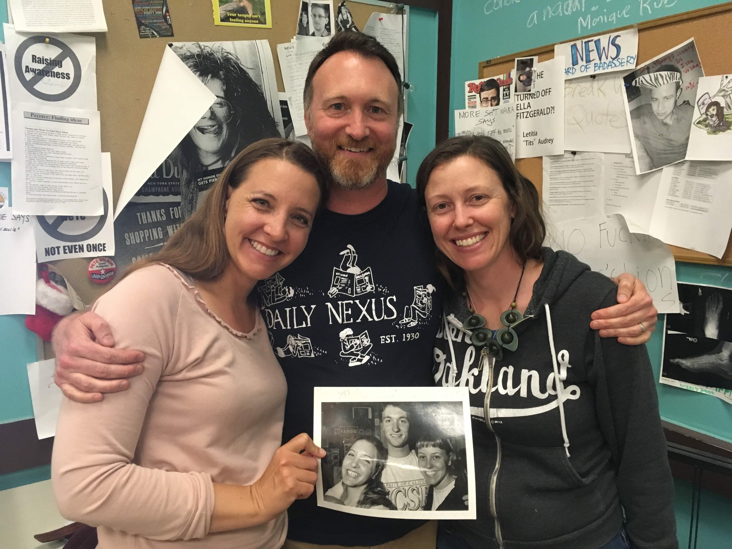  Cal State Northridge journalism professor Gretchen Macchiarella, left, and her husband Tony Biasotti, reunite with former colleague Alexis Filippini of the UCSB-based student-run Daily Nexus newspaper. 