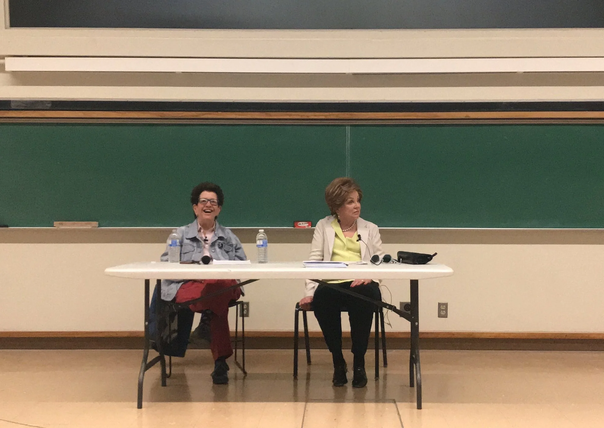  History professor Laura Kalman (left) introduces historian Jane Sherron De Hart (right), who spoke last weekend about the process of writing her new biography. 