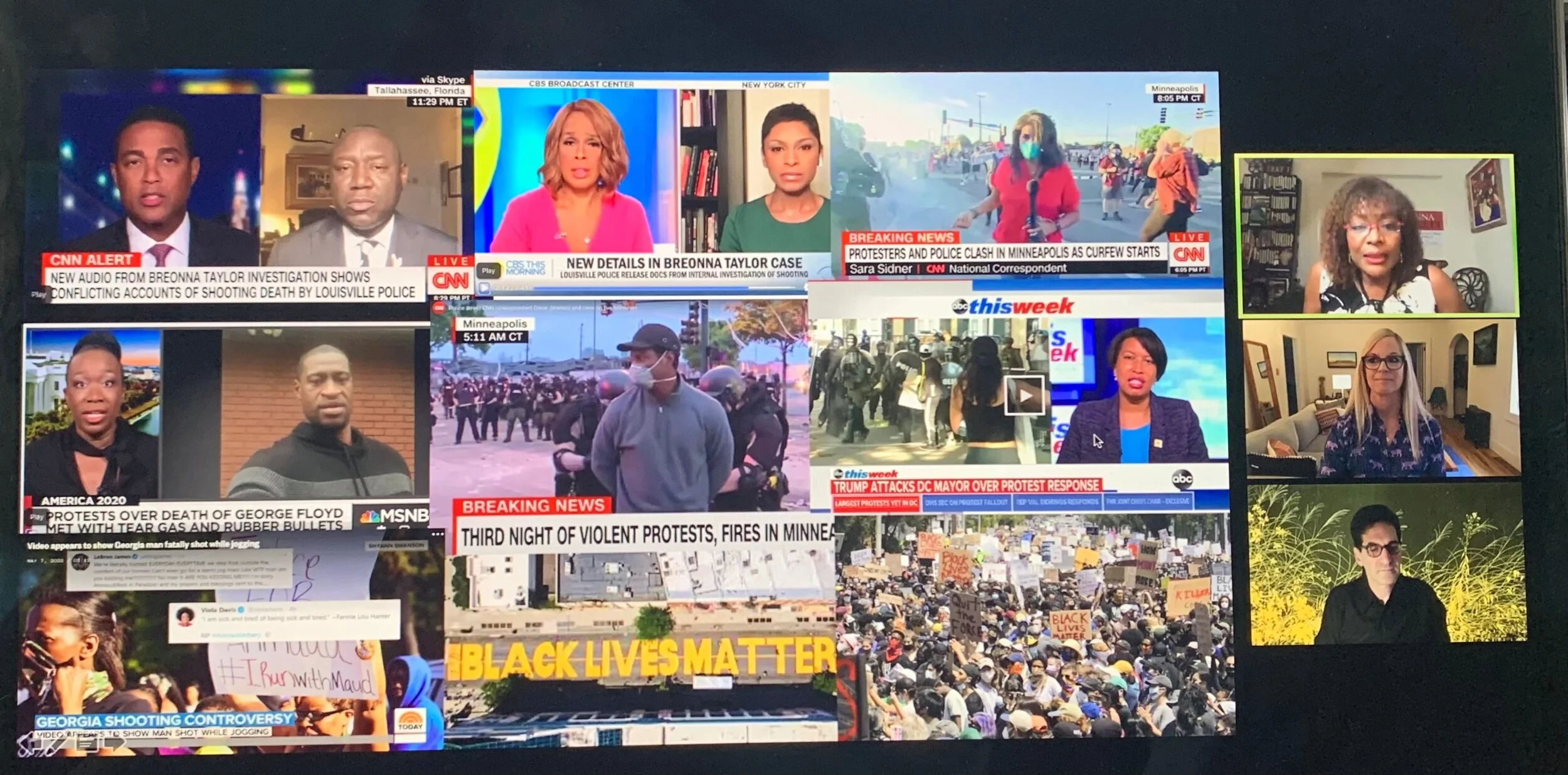  Images of from television news of the Breonna Taylor and George Floyd killings earlier this year, as presented by panelists at a recent UCSB Film and Media Studies webinar on Black representation in news coverage. 