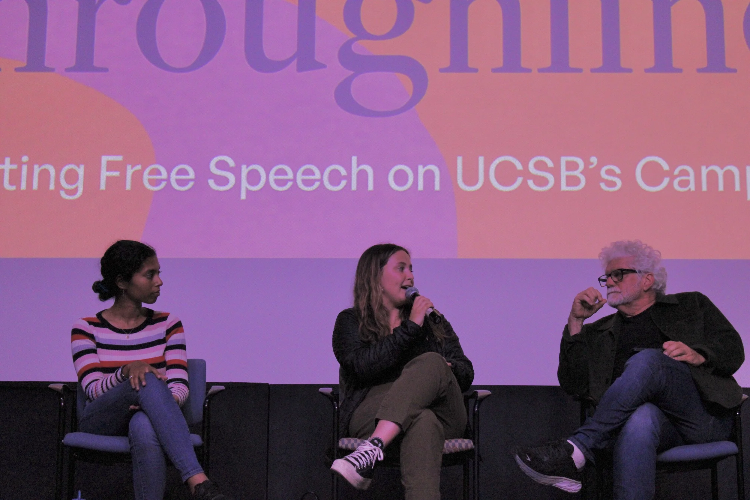  From left, panelists Ansusikha Halder, chair of Trans and Queer Commission UCSB, Jennifer Teymouri, director of Students for Reproductive Justice UCSB, and Communication professor Daniel Linz,  conversing during KCSB’s  Walking the Throughline  event about free speech on campus. 