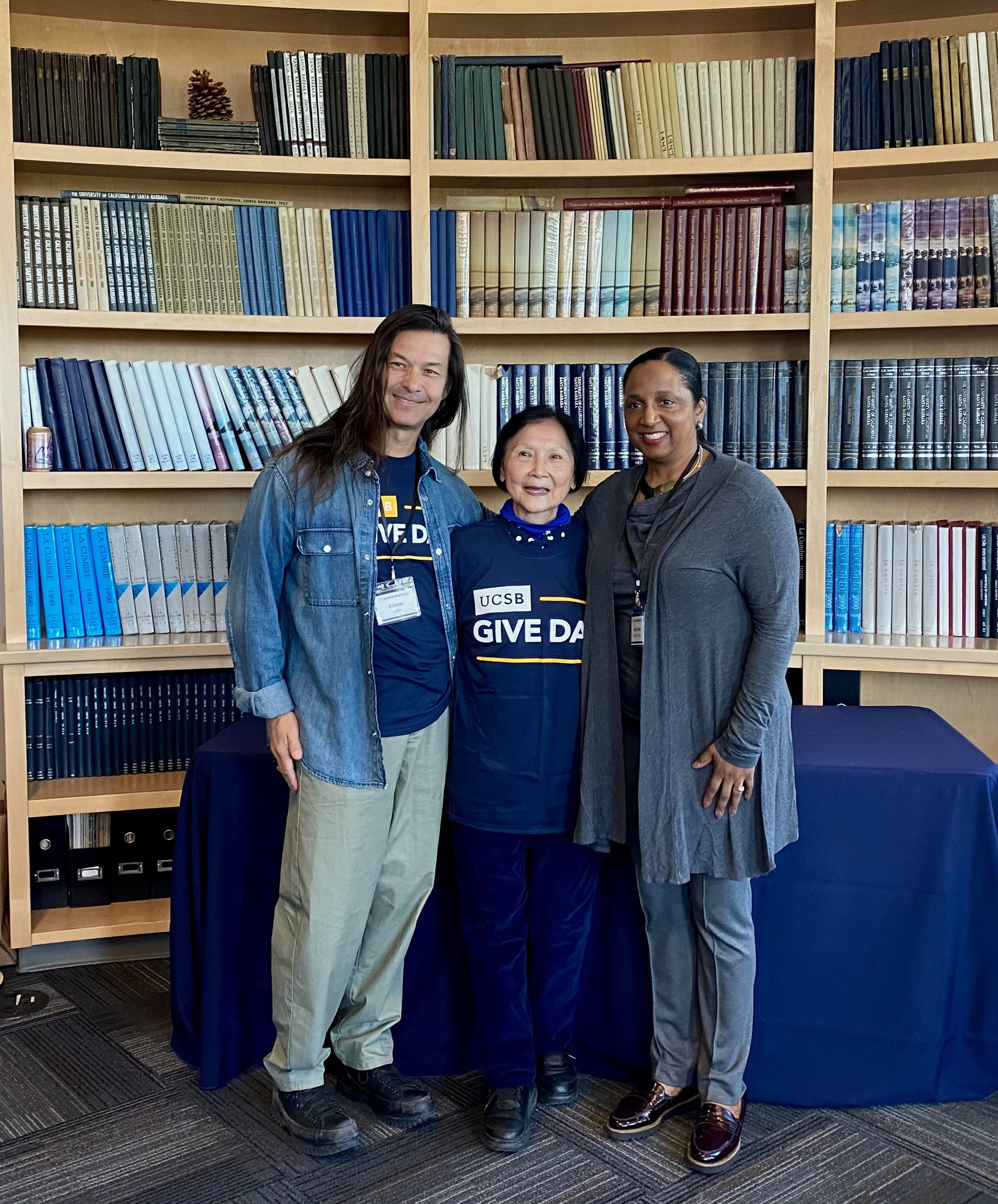  Alumnus, donor and contest judge Alexander (Xander) Lee, left, Dilling Yang, Chancellor  Henry T. Yang’s wife, center, and HFA Dean Daina Ramey Berry, in Mosher Alumni House on Thursday for the Creativity Contest luncheon. 