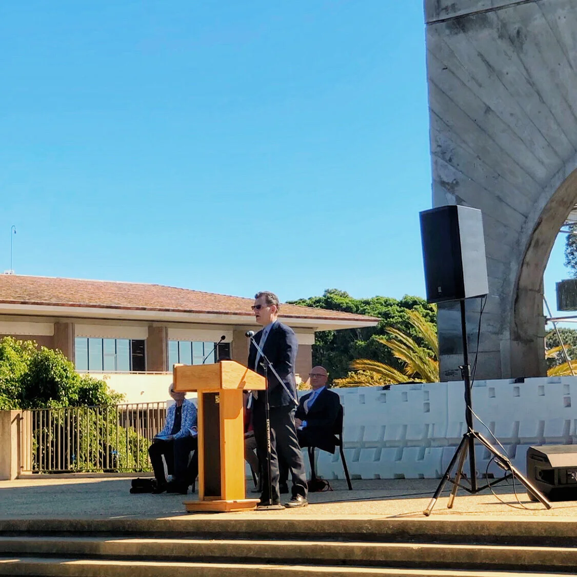  John Majewski,, Dean of the Humanities & Fine Arts Division, spoke at Storke Tower’s 50th anniversary carillon recital on Sunday.  