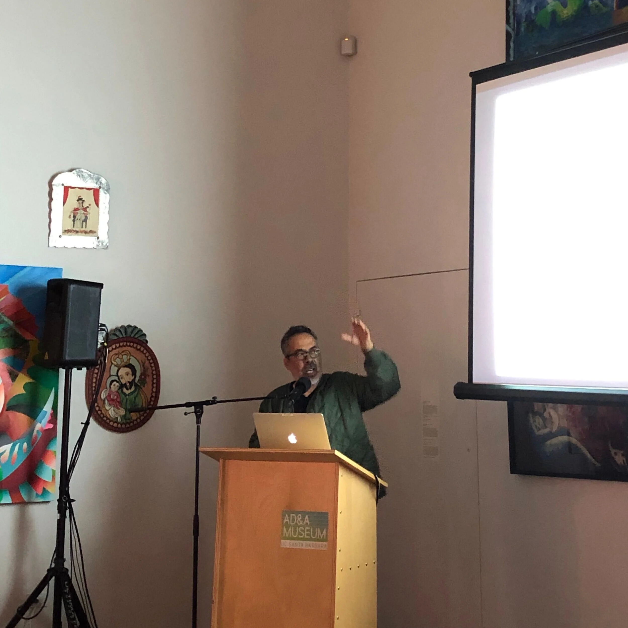  Artist Salomón Huerta speaks at UC Santa Barbara’s Art, Design, and Architecture Museum. 