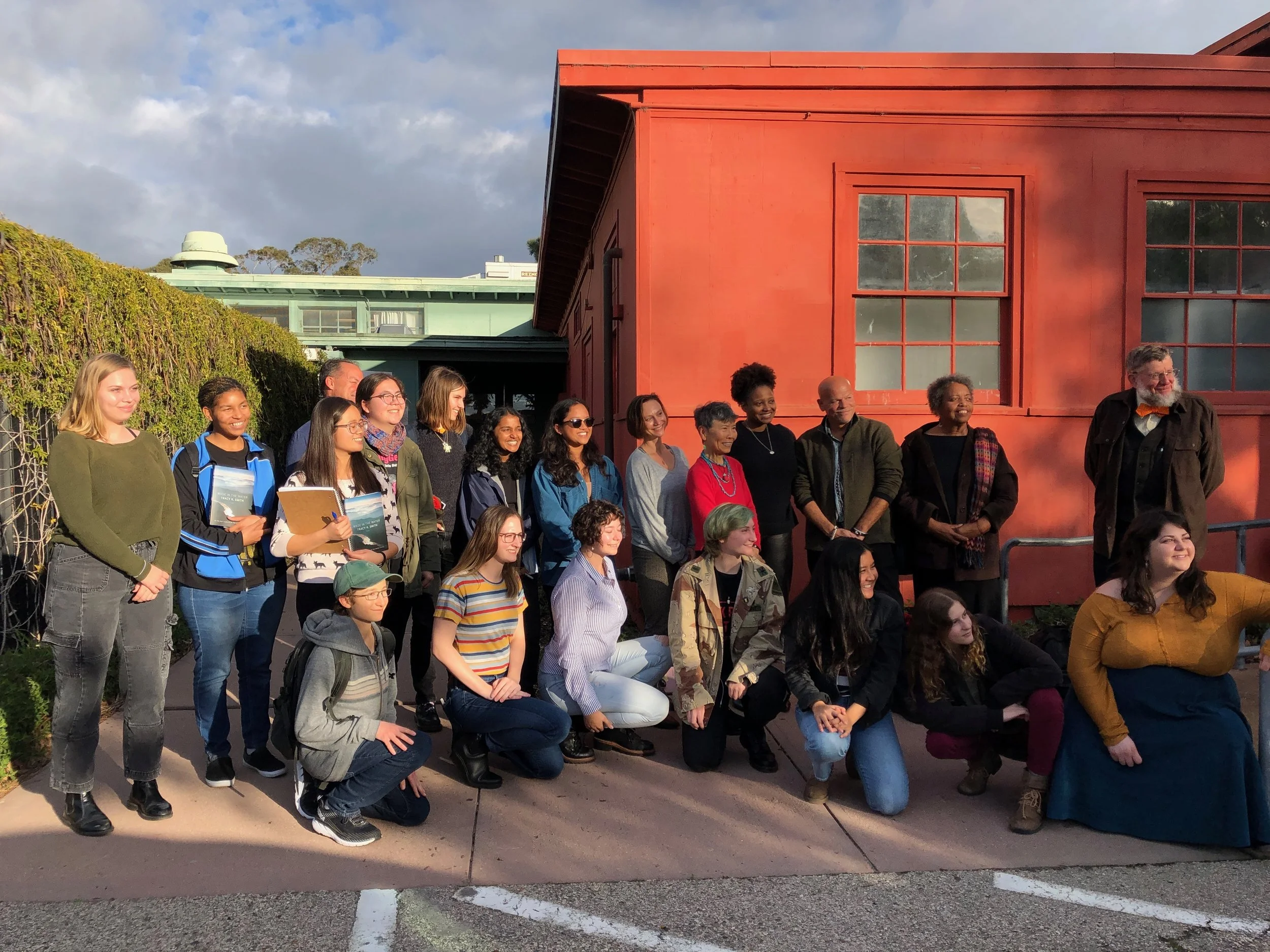   UCSB students and faculty posing with U.S. Poet Laureate Tracy K. Smith after her talk, in front of the Old Little Theater.  