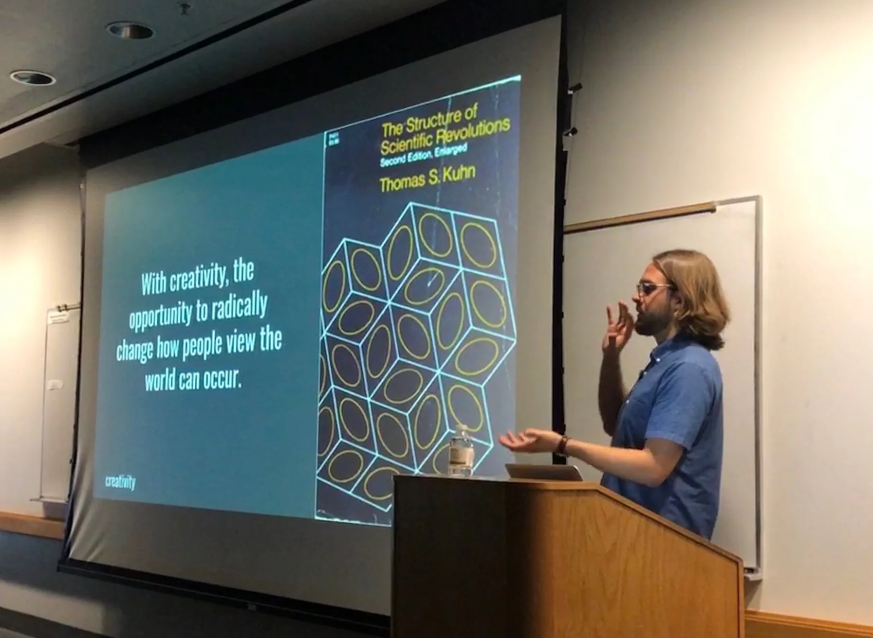   Amazon’s knowledge engineer Adam Kearney giving a talk to UC Santa Barbara students on how to find creative ideas in order to launch online computer programs, apps, and other tech tools.  