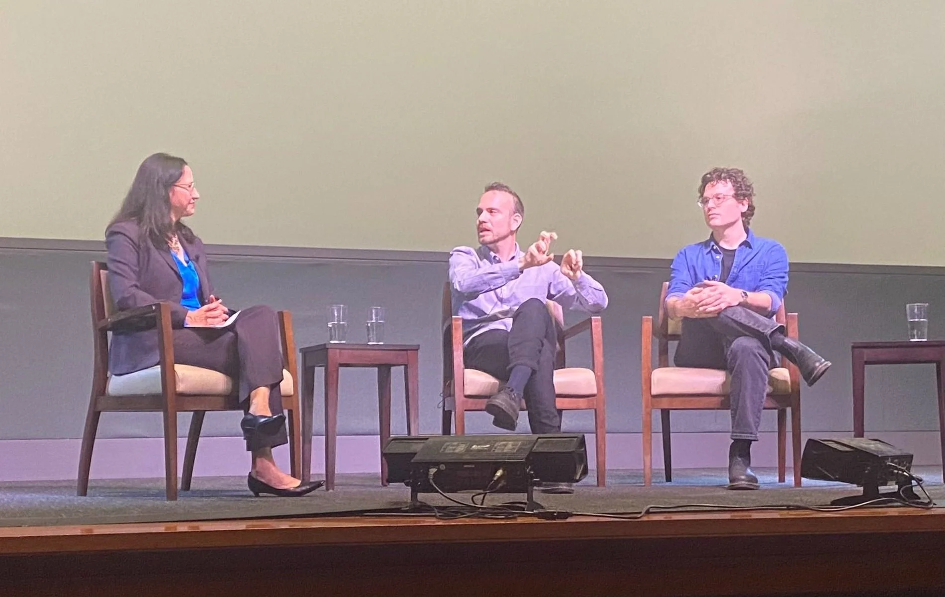   UCSB Transnational Italian Studies professor Stephanie Malia Hom, left,  with filmmakers Valerio Ciriaci and Izaak Liptzin, right, discussed the film  Stonebreakers  after a screening at UCSB’s Pollack Theater. 