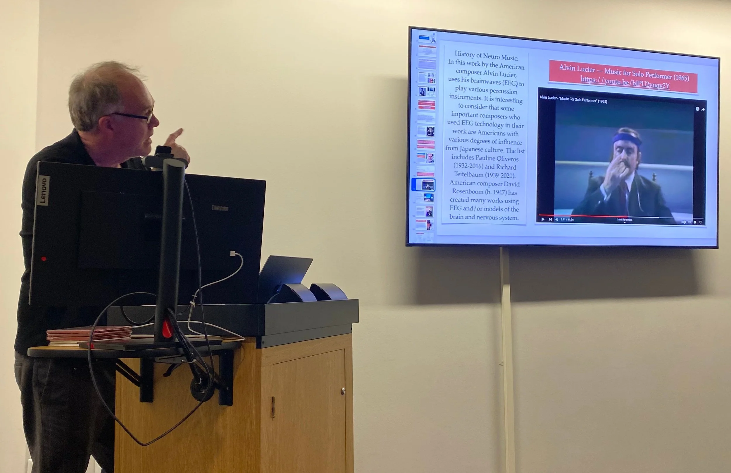  American musician and composer Gene Coleman speaks at UCSB on the history of Neuro Music. 