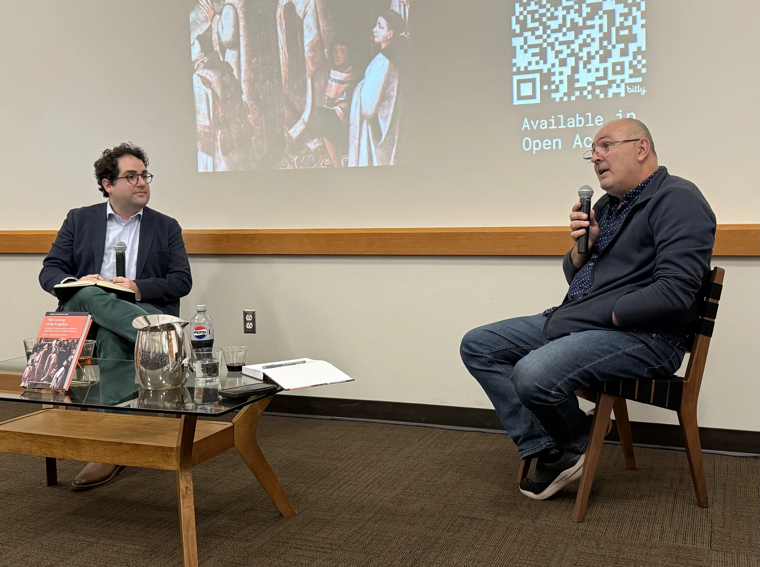   UCSB Spanish professor Antonio Cortijo Ocaña ,  right, joins historian Juan Cobo Betancourt for a discussion of Cobo’s new book,  The Coming of the Kingdom , during UCSB’s Humanities Decanted series.  