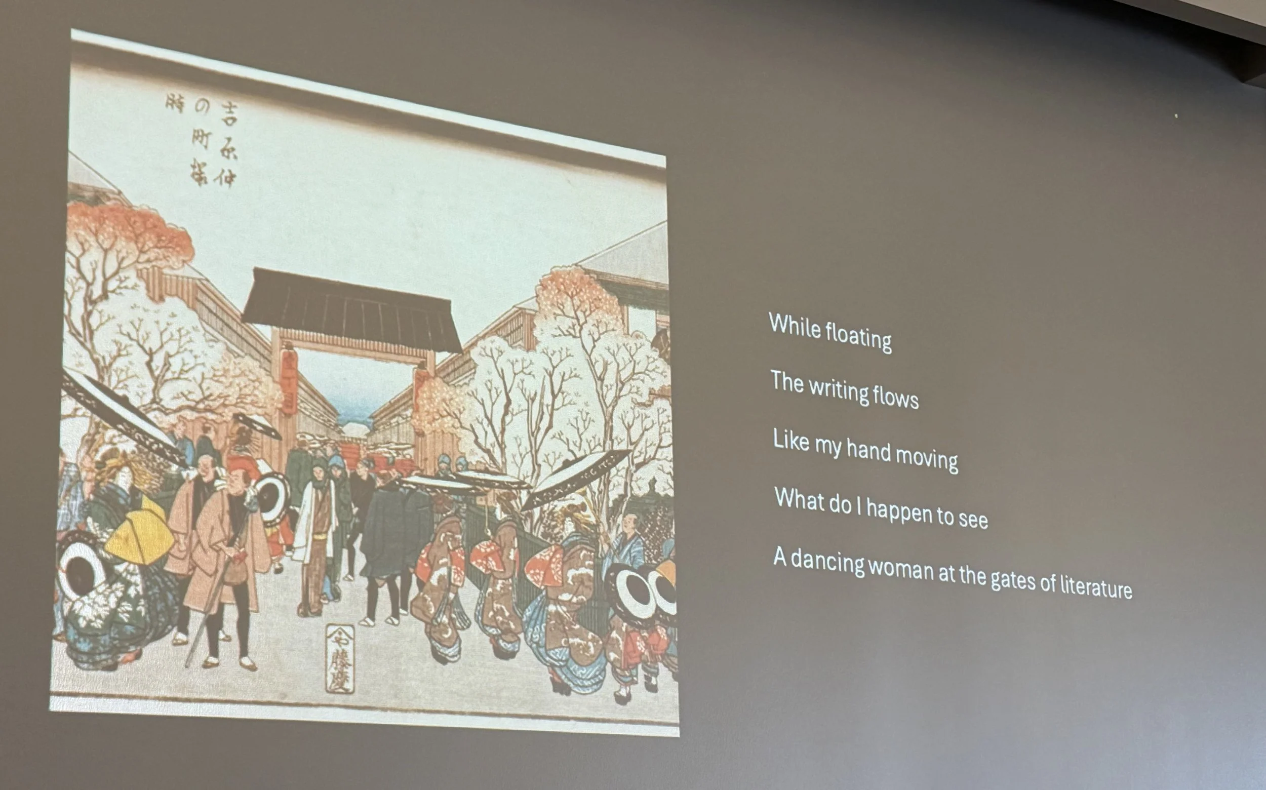   UCSB History scholar Erin Trumble displays an excerpt from one of the Edo-Japan era women's diaries, which reflects how writing became a space for self-expression and liberation.  