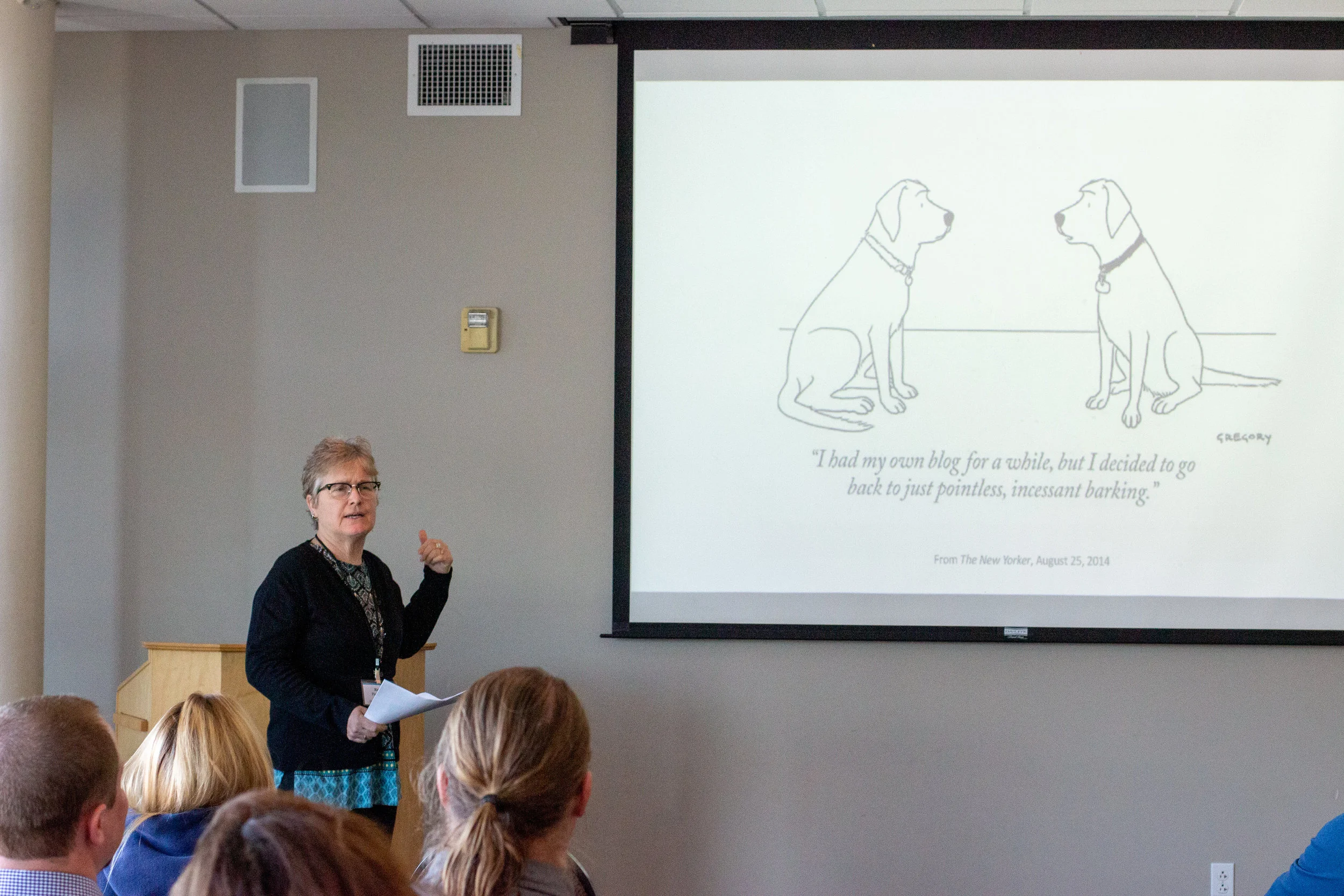  UCSB writing professor Kathy Patterson sharing her research on the benefits of blogging in first-year college writing courses during the 2019 celebration of the Charles Bazerman Endowed Faculty Fellowship for Professional Development in Writing.  Photo by Karina Lucero Aleman .  