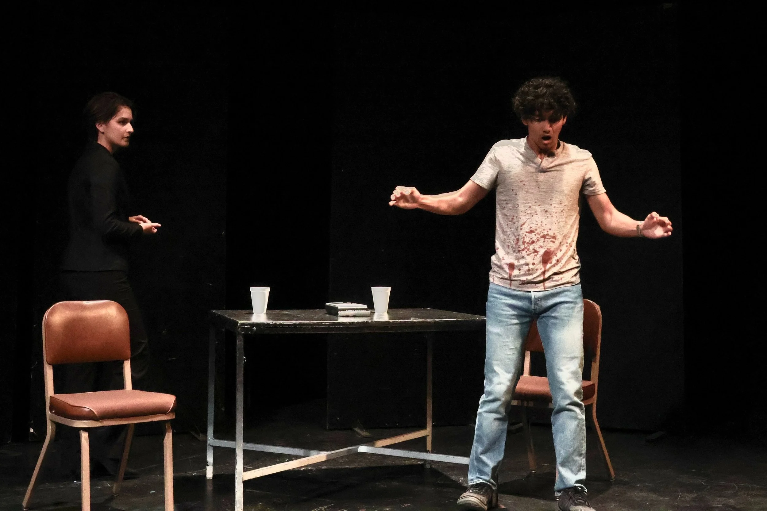   Photo by Laura Parker   UCSB Student Arohan Deshpande, right, acts in “The Incident Report” at the production of the  UCSB Theater  department’s Fall One Acts. 