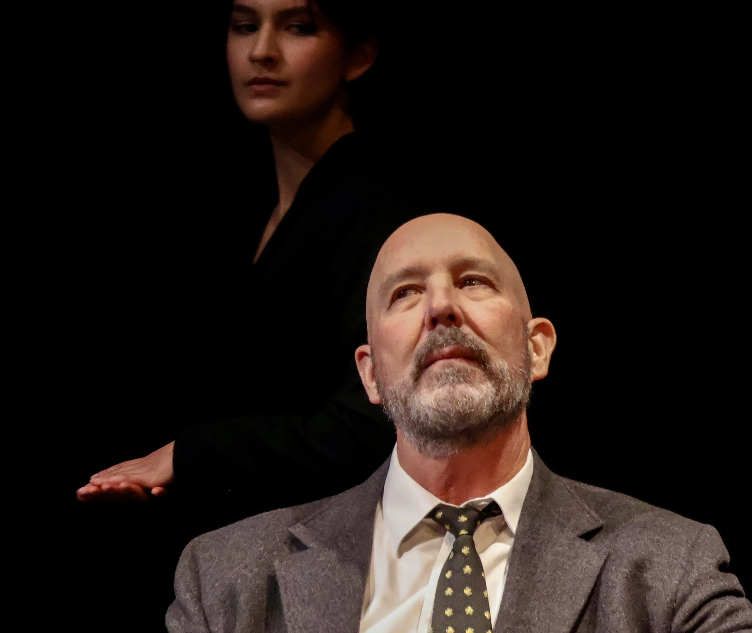   Photo by Laura Parker   UCSB student and actor Veda Arndt-Schreiber, back left,  interrogating UCSB’s academic advisor Sean O'Shea, who acted in the play “The Incident Report.” 