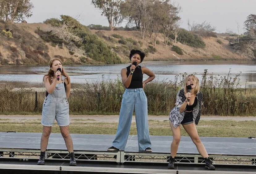  From left to right, Andalyn Honselaar, Rae Farnum, and Caroline Ware as Lady Olivia’s fools, in the UC Santa Barbara NAKED SHAKES production of  Shakespeare’s Twelfth Night. 