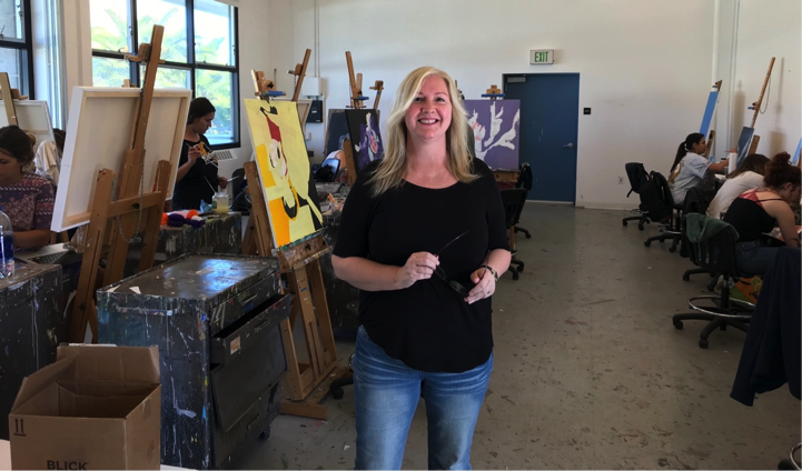  Art Professor Jane Callister poses with her painting students.  