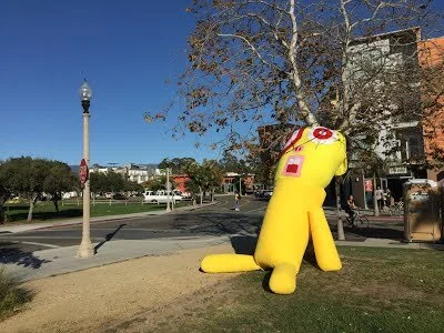  This sculpture, “Mr. Freedom,“ was created by Sing Hang Tam in 2015 during his time as an art student at UCSB. It was made with fabrics, cushion, and industrial airbags. 