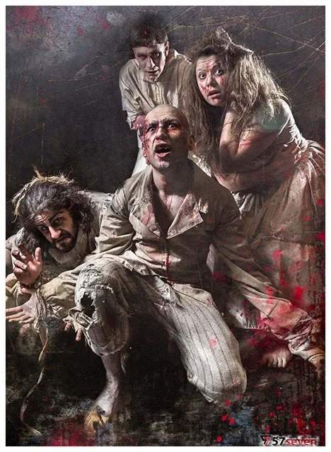   UCSB Writing and Communication student Jose Alejandro Mendoza, center, as Robert Renfield in Cuesta College’s 2014 production of  Dracula , with (back row: left to right) Chris Camus, Brandon Pascal, and Christina Malloy.  