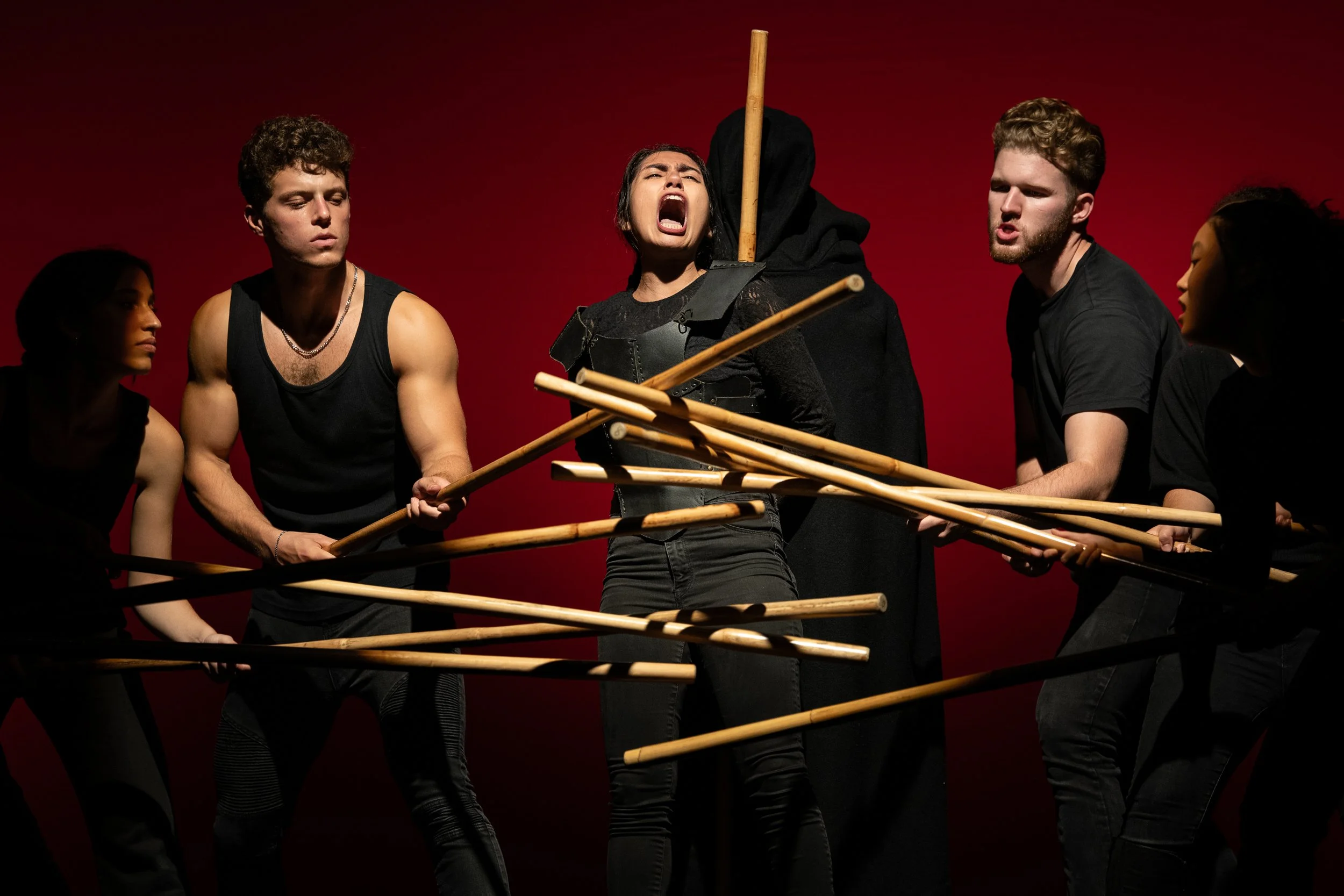  The murder of Joan of Arc (Ahlora Smith) in UCSB’s production of  Death of Kings.                Photos by Jeff Laing and Marek Sawicki  