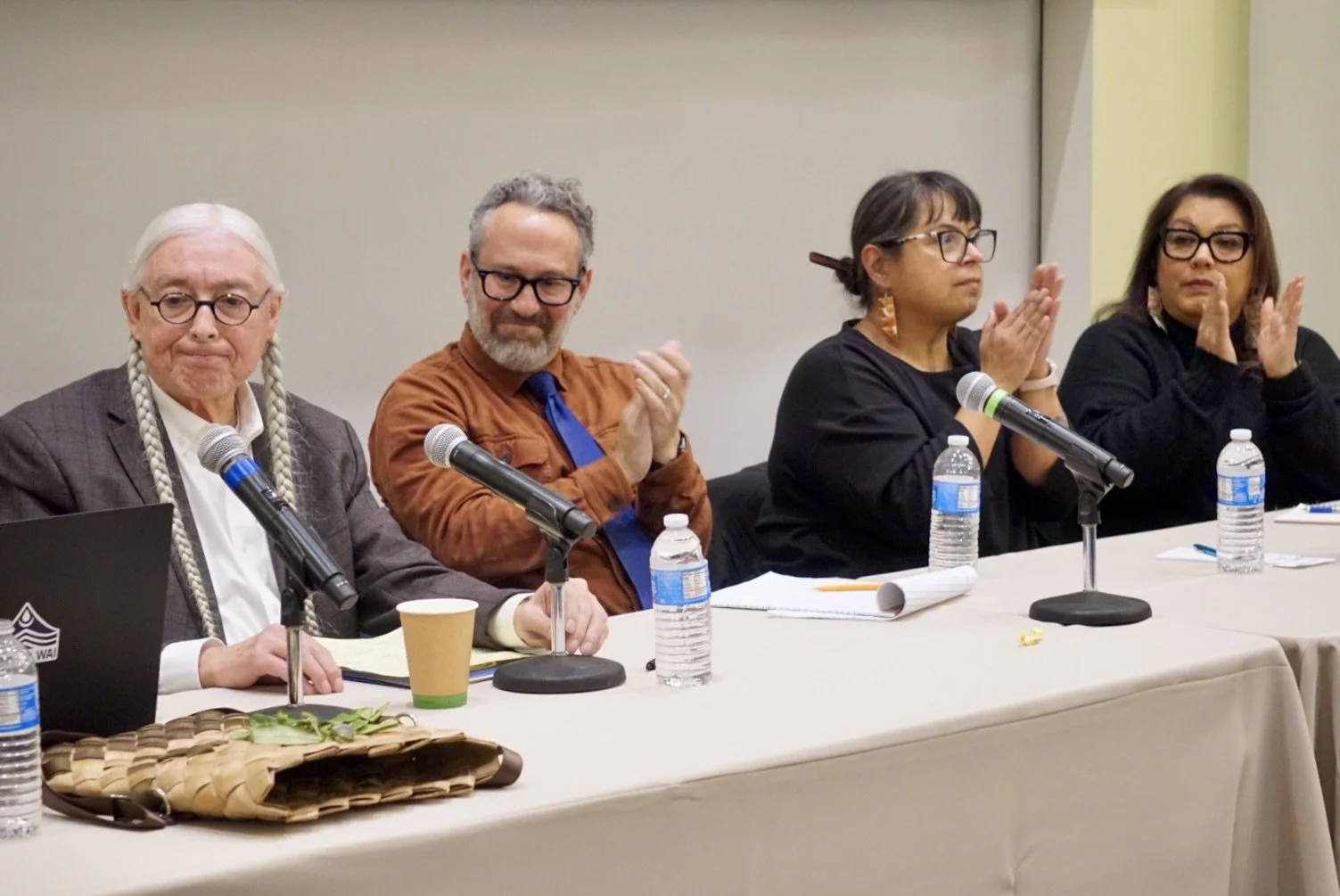   Native American repatriation experts (from left to right) Walter Echo-Hawk, Justin Richland, Cristina Gonzales, and Nakia Zavalla speak on a panel at UCSB to discuss the university’s need for improved efforts to repatriate Native American remains and artifacts.  