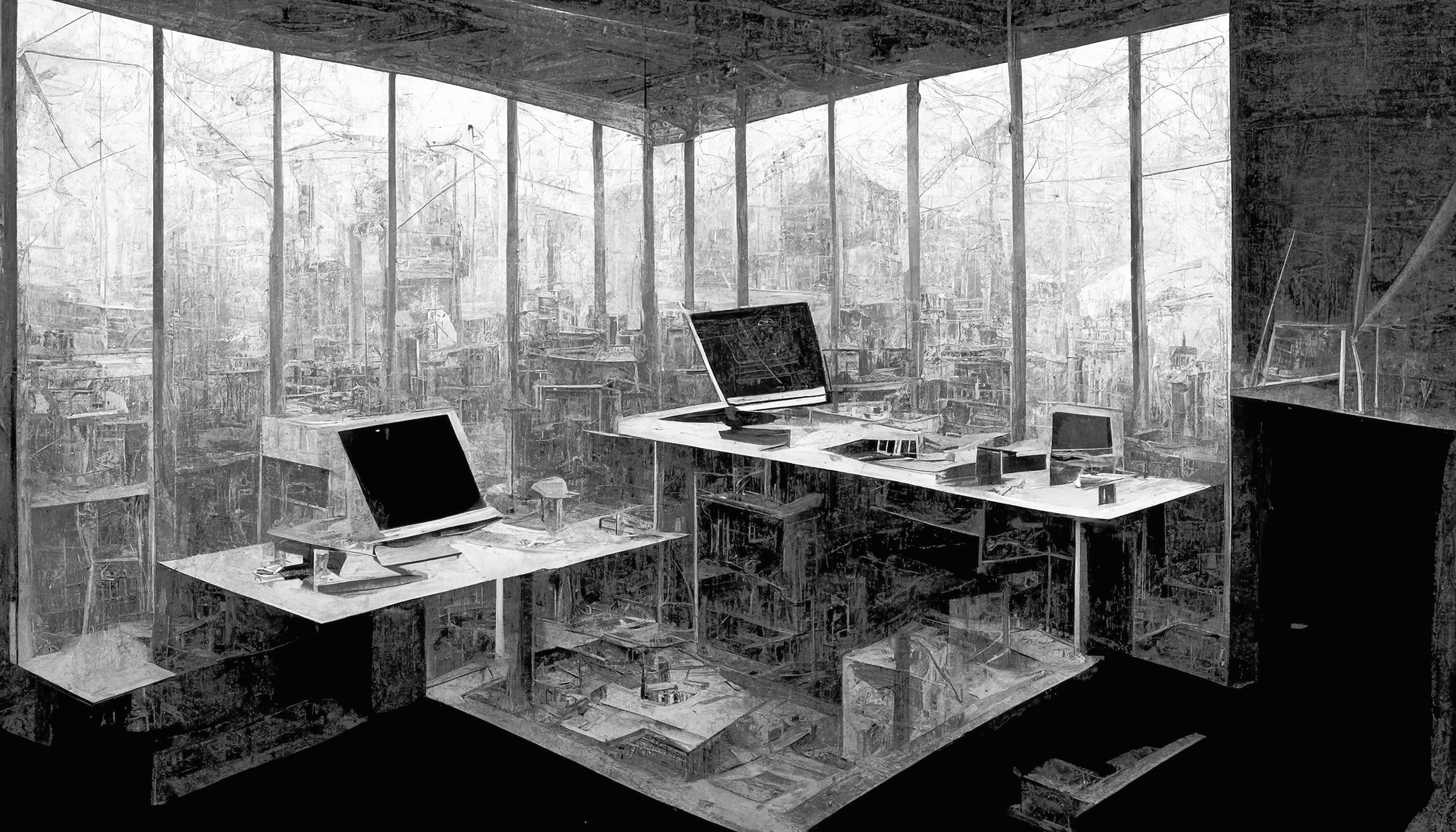   “Alchemist Study,” 2023. By George Legrady. Generated via text-prompt, “imaginary workspaces electrostatic,” in Midjourney version 3.  