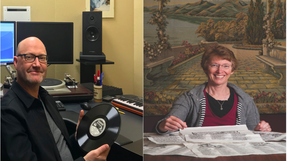  Pictured above are National Endowment of the Humanities grant winners David Seubert (Special Research Collection), left, and Patricia Fumerton (Early Modern Center). 