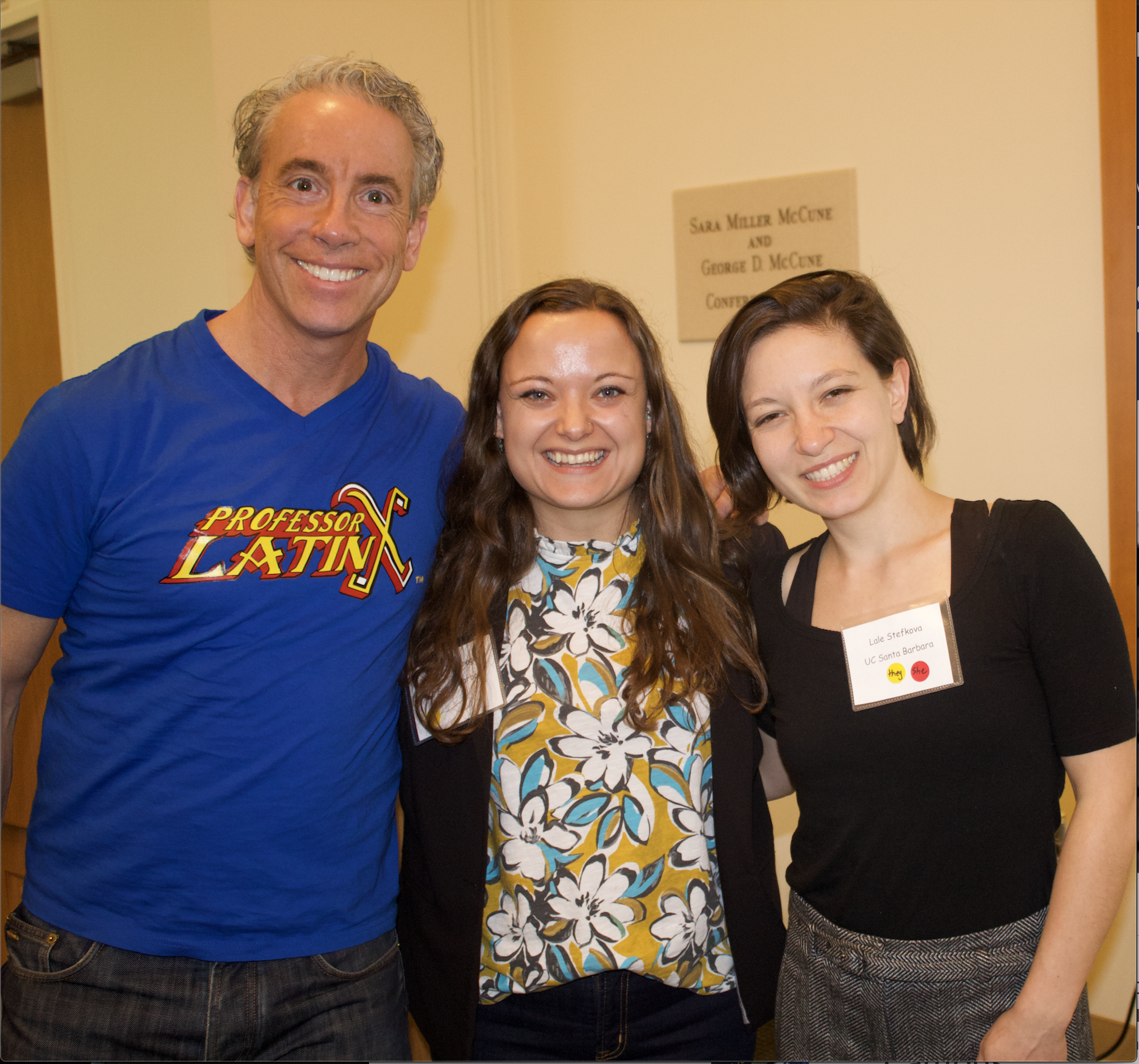  Ohio State University professor Frederick Luis Aldama (left) with event organizers Maite Urcaregui (middle) and Lale Stefkova (right) at the Drawing Diversity symposium. 