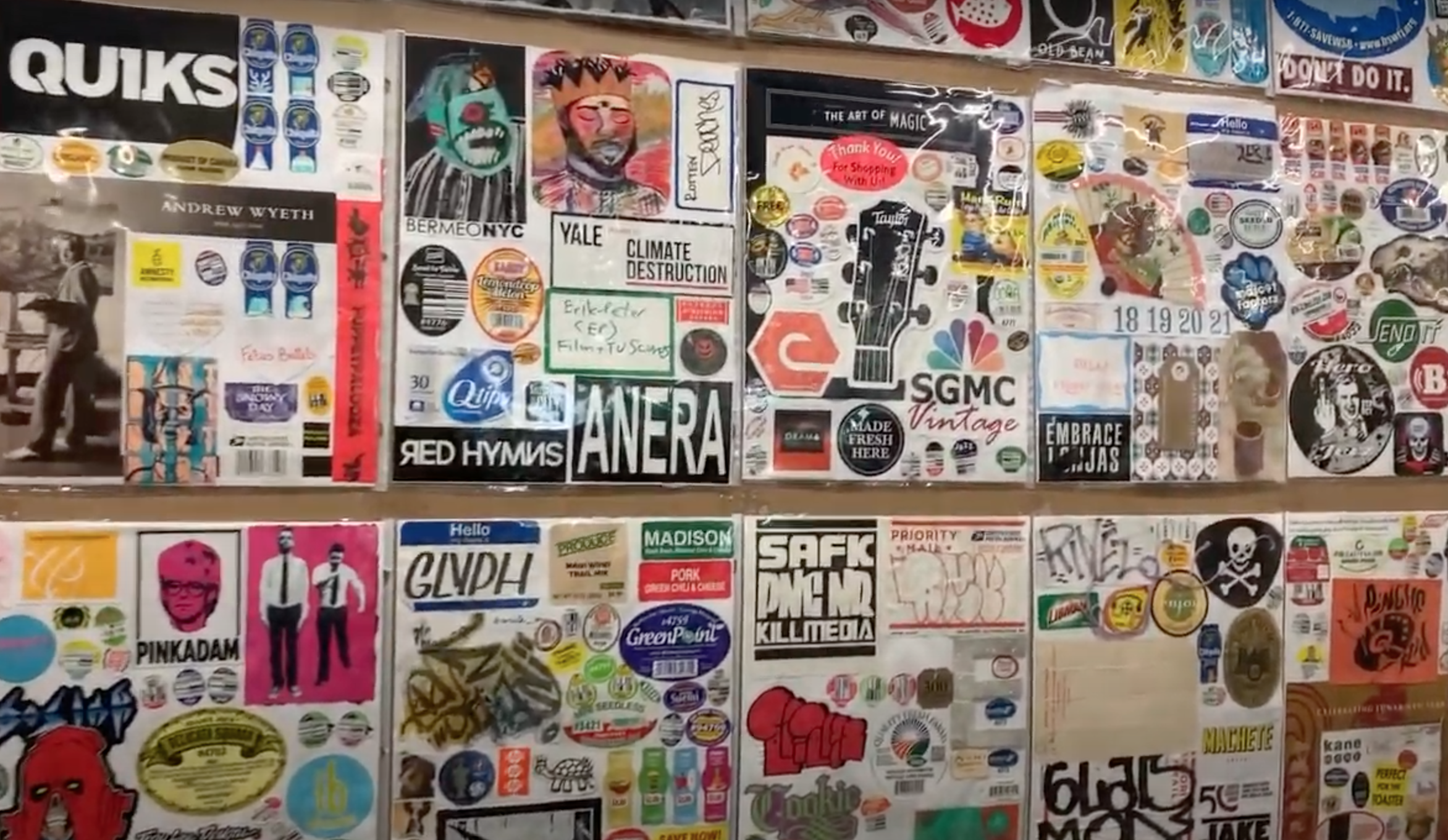  William Davies King’s vast sticker collection, which includes stickers he peels off of street signs and lampposts, featured in the UCSB library exhibition “The Creative Edge of Collecting.” 