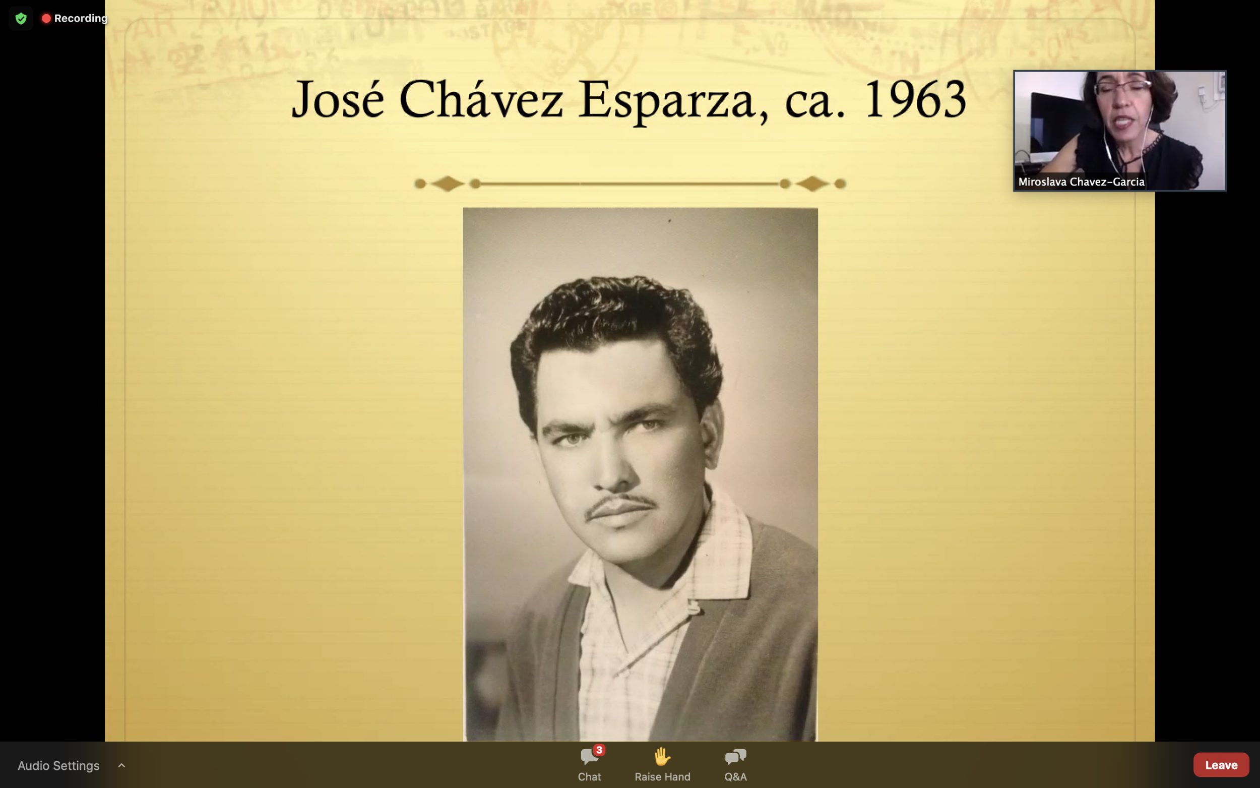  UCSB History professor Miroslava Chávez-García shows her audience a picture of her father to put a face to his heartfelt letters.   Photo by Hannah Morley  