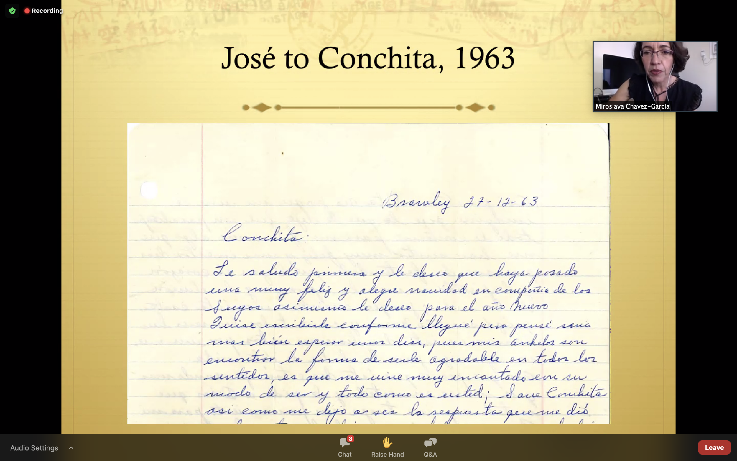  UCSB historian Miroslava Chávez-García showed her parents’ “courting” letters to depict the lives of Latinx migrants in the early 60s.     Photo by Hannah Morley  