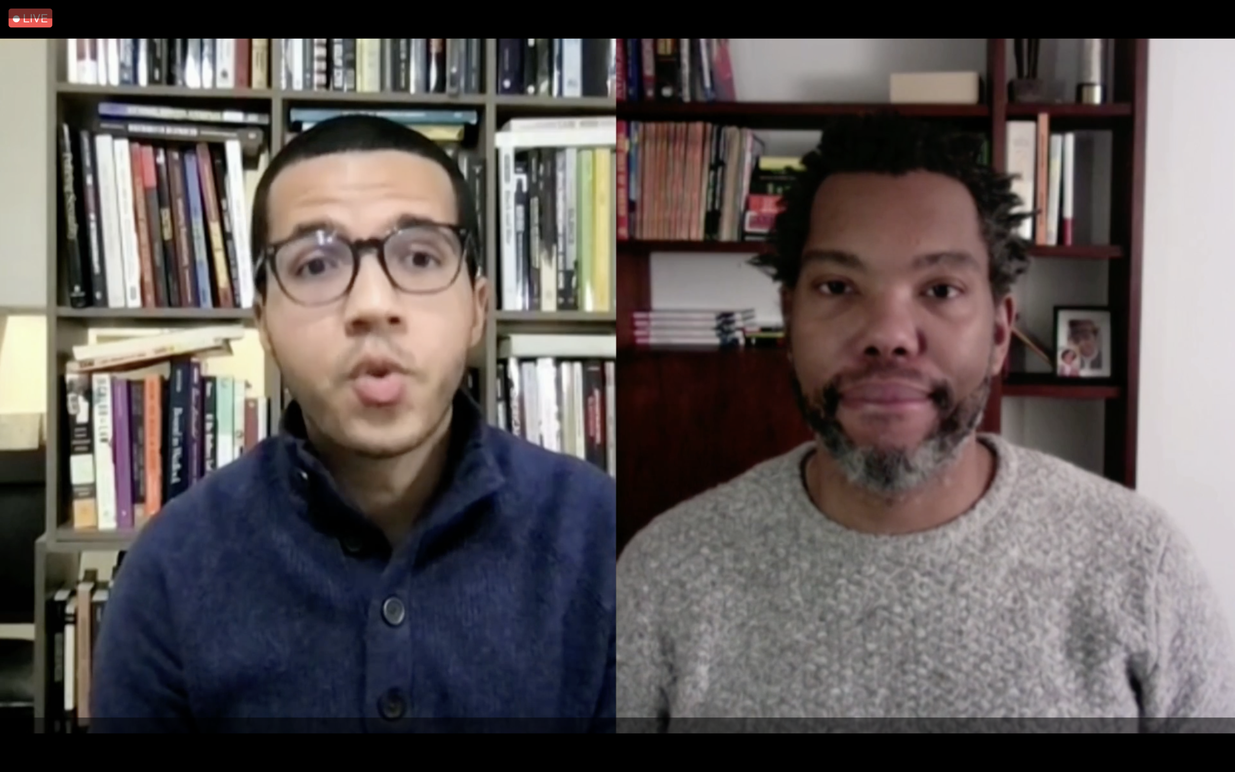  UCSB Black Studies professor Terrance Wooten (left) and guest author Ta-Nehisi Coates (right) at last week’s Race to Justice virtual event.  