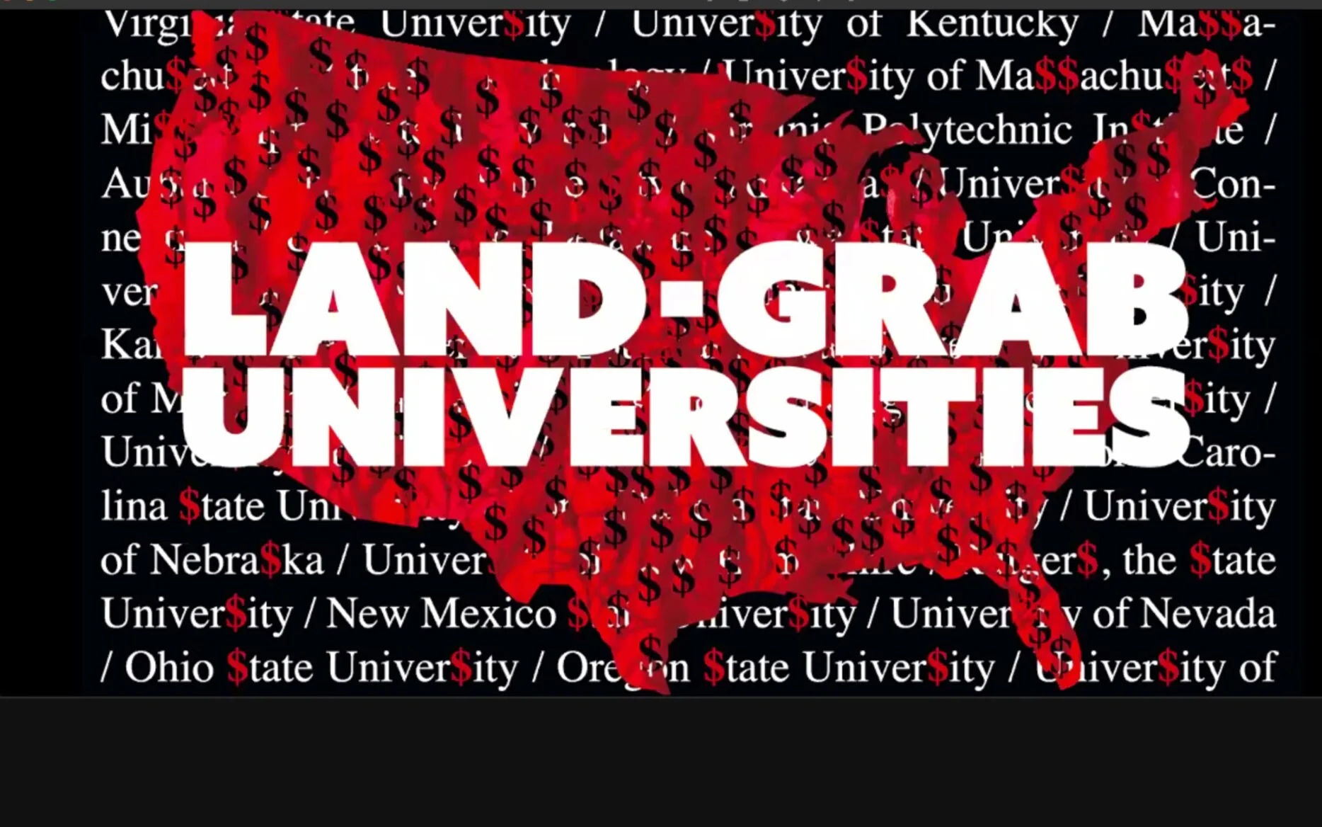  Journalist Tristan Ahtone and historian Robert Lee’s opening slide that shows the names of “land-grab” universities and the indigenous lands that were taken.  Image by Marty Two Bulls Jr.  
