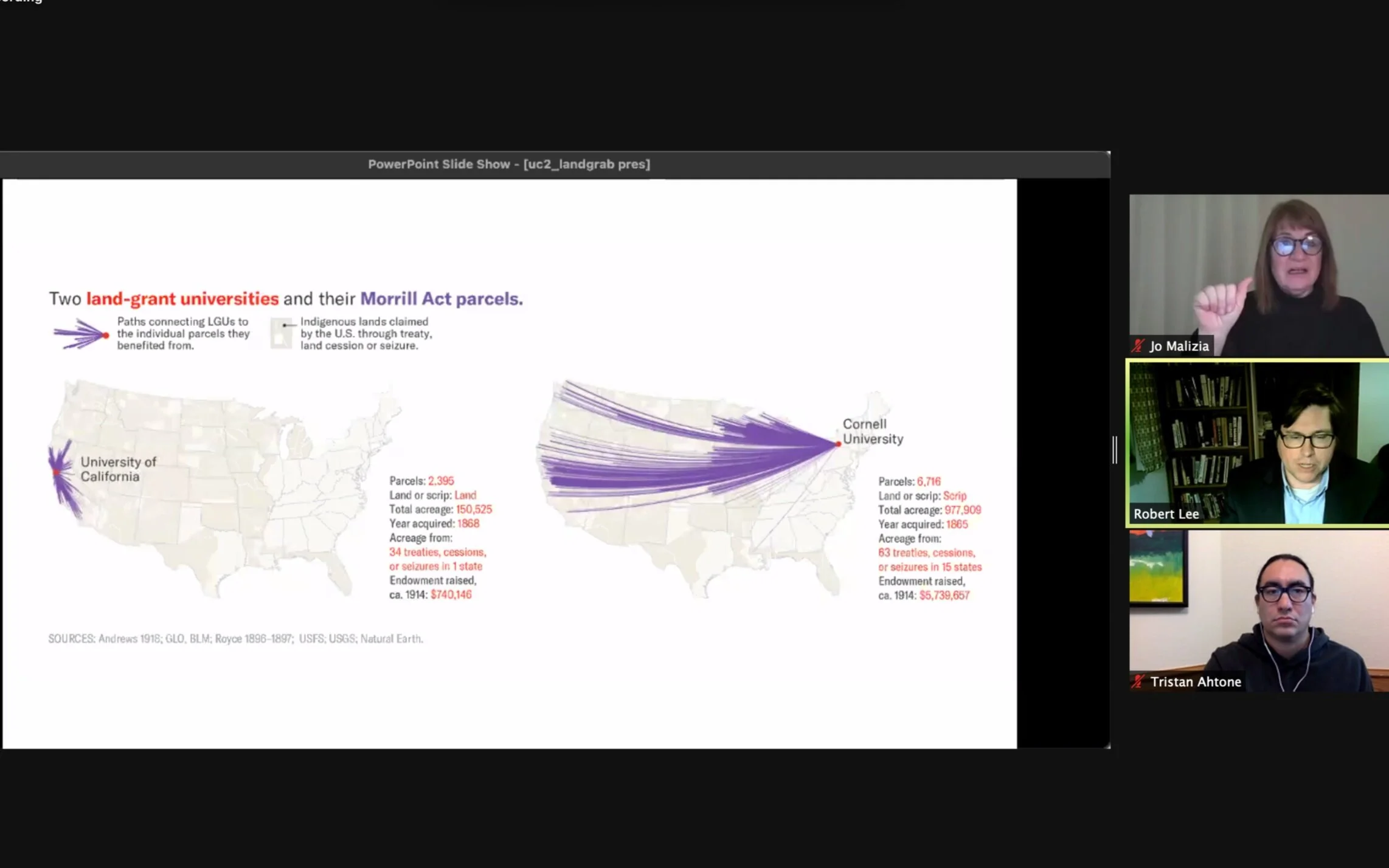  Journalist Tristan Ahtone, bottom,  presents his and historian Robert Lee’s research on the parcels of indigenous land that were given to universities to help them raise and invest money. Jo Malizia , top, translates into American Sign Language.  Photo by Hannah Z. Morley   