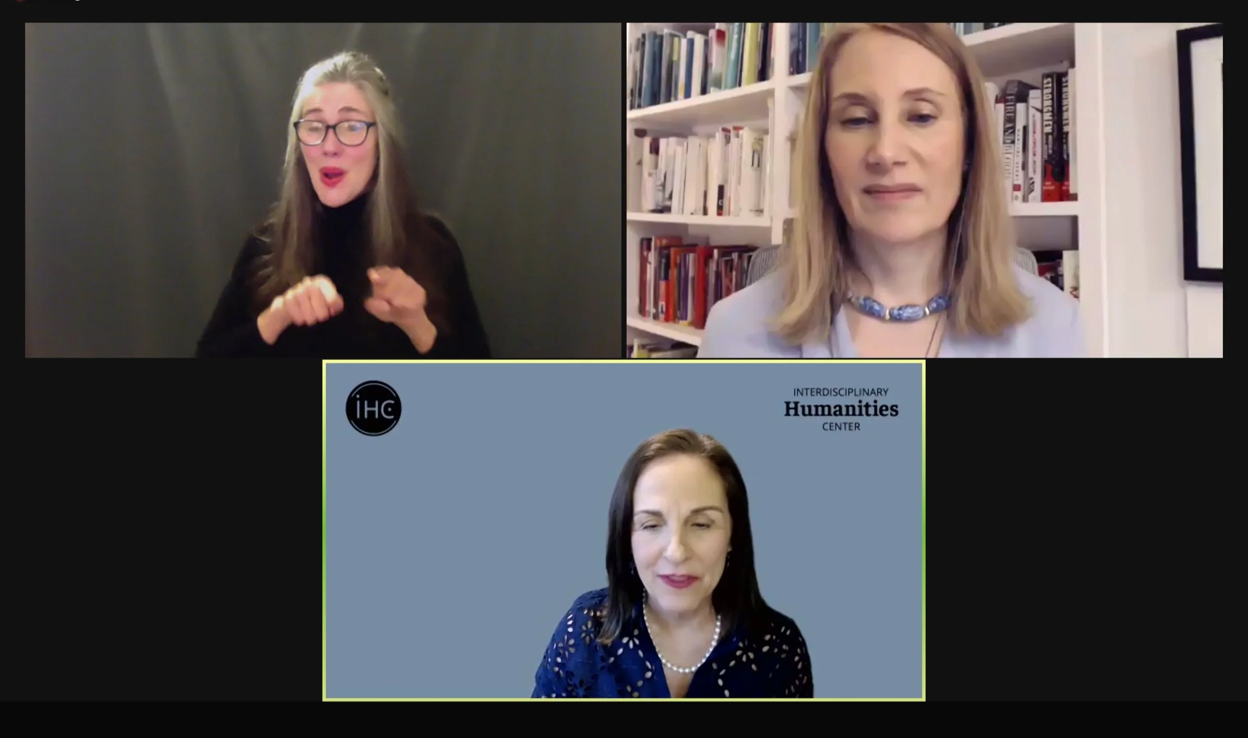  NYU historian Ruth Ben-Ghiat, upper right,  discussed her new book “Strongmen” last week  via Zoom. The event was moderated by Susan Derwin, director of UCSB’s Interdisciplinary Humanities Center, bottom center, and translated into American Sign Language  by Katie Voice 