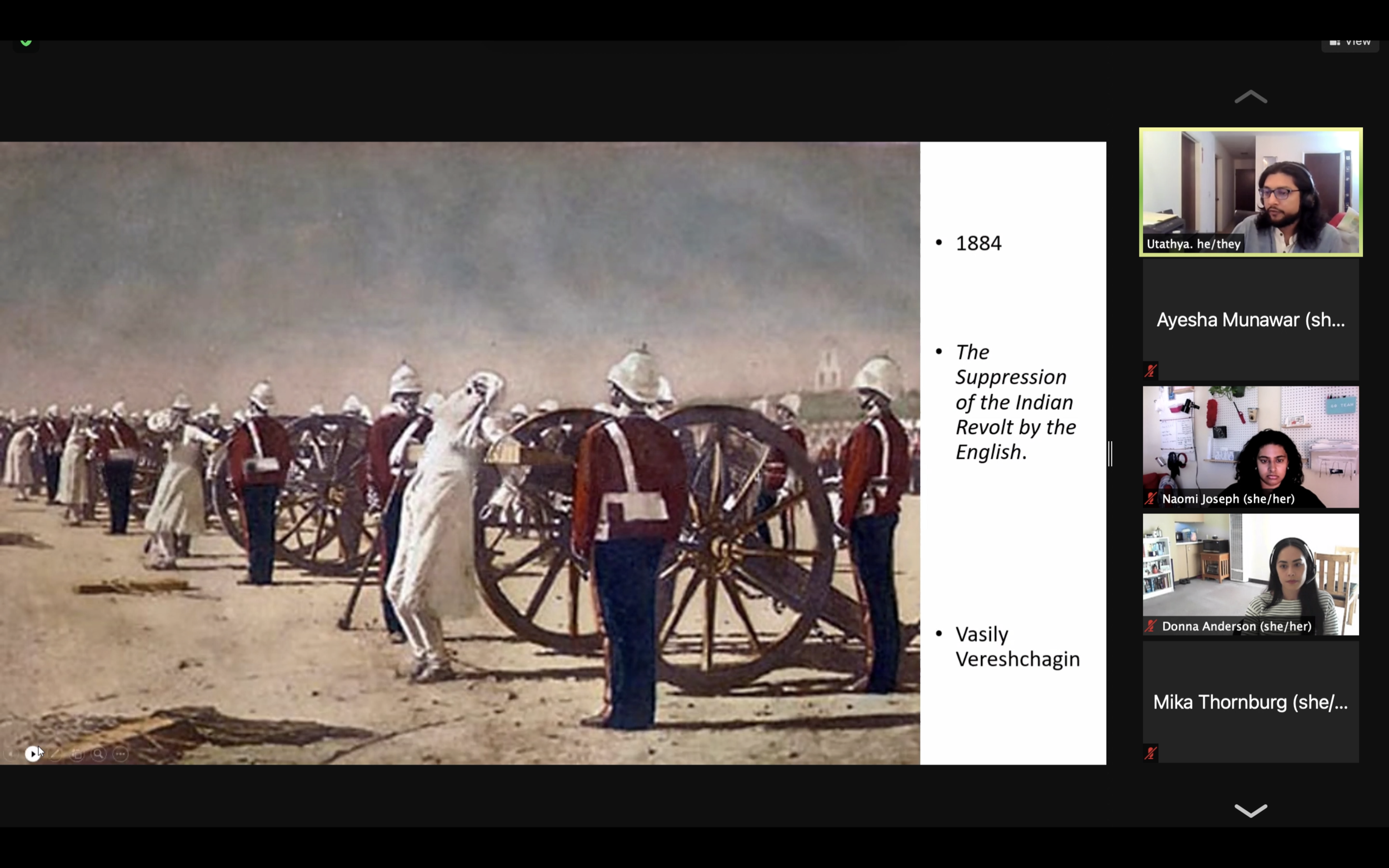  British troops punishing South Asian rebels whose revolt can be tied to cannabis consumption. The illustration by Vasily Vereshchagin was part of UCSB historian  Utathya Chattopadhyaya’s virtual presentation  last week.  