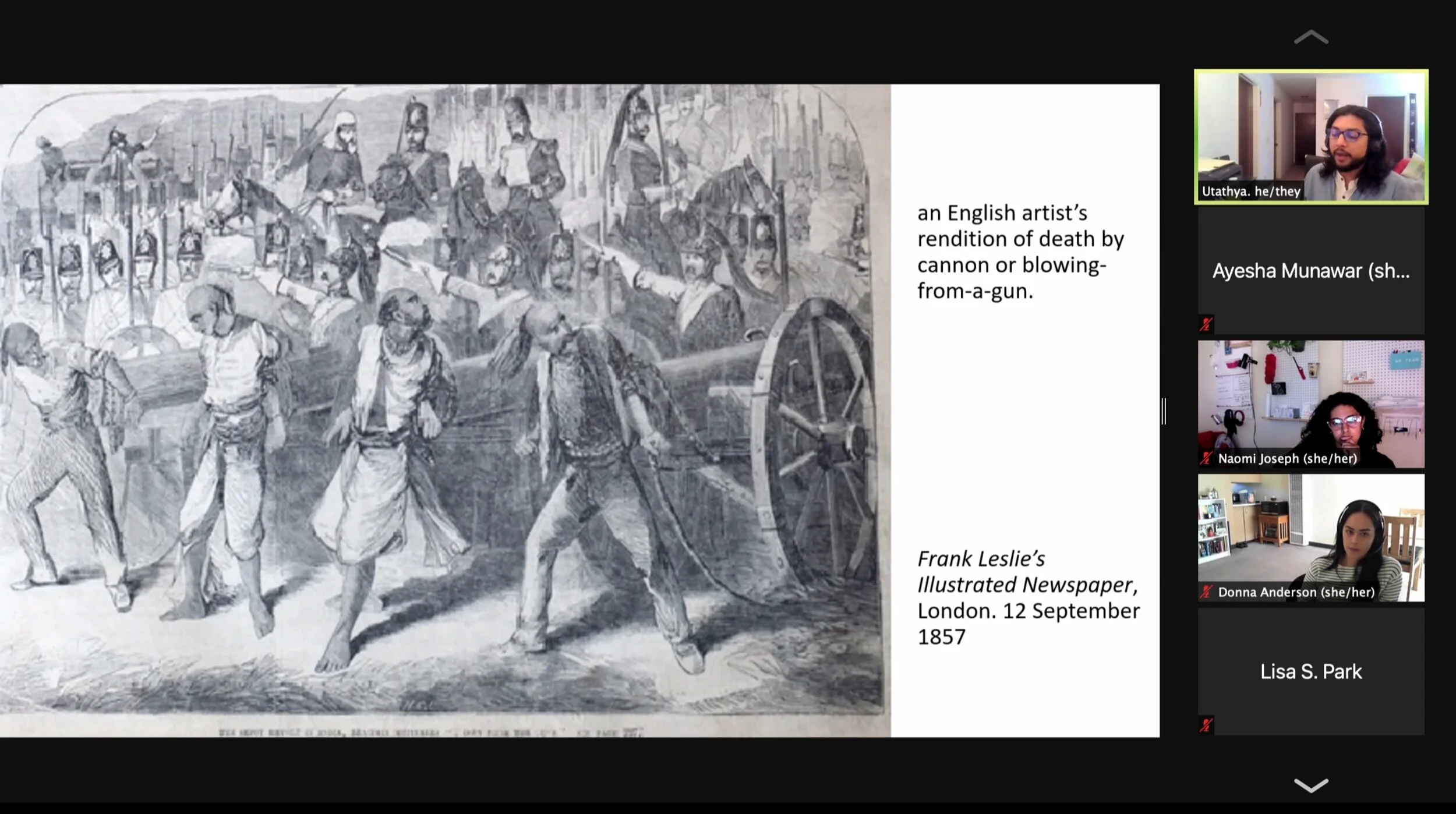  An image of South Asian rebels tied to cannons during the 1857 rebellion against the British East India Company was presented by UCSB History professor Utathya Chattopadhyaya over Zoom last week.  