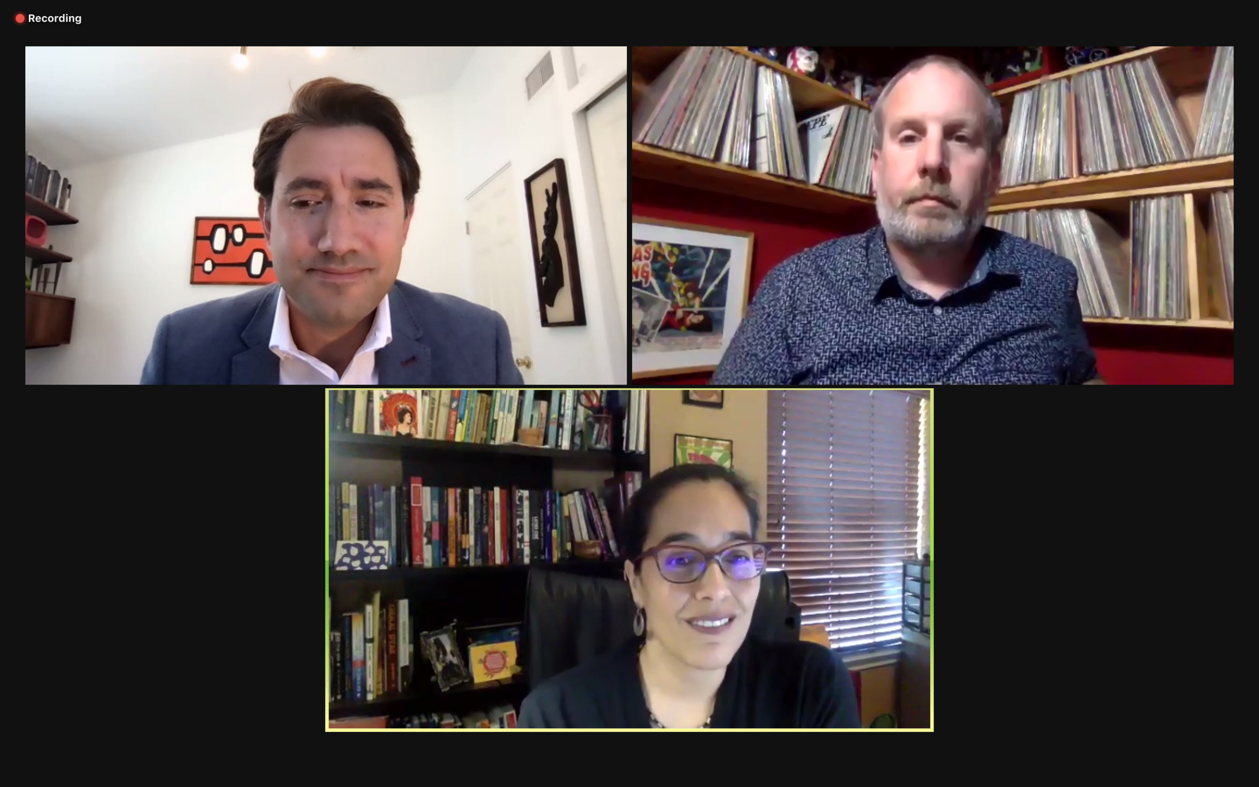  Latina/o studies and media experts Colin Gunckel, top right, and Mirasol Enríquez, bottom, join Carsey-Wolf Center moderator Ross Melnick, top left, to discuss the 1983 film  El Norte.  