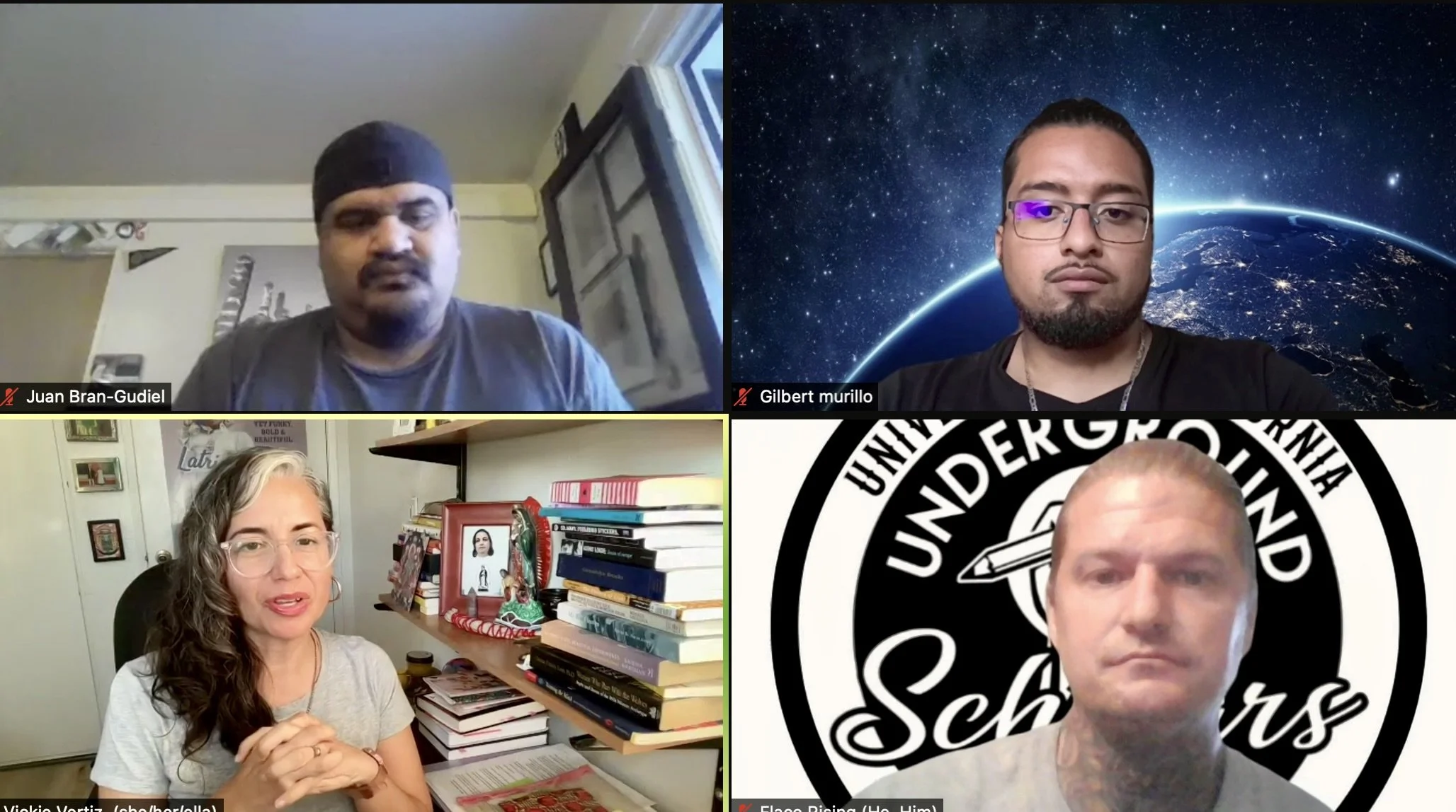  (Clockwise from top left) Student curators Juan Bran-Gudiel, Gilbert Murillo, and Ryan Flaco Rising spoke with UCSB Writing Program lecturer Vickie Vertiz for the opening event of  the UCSB Library exhibit “Beyond The Wall: The Prison Art Resistance.”  