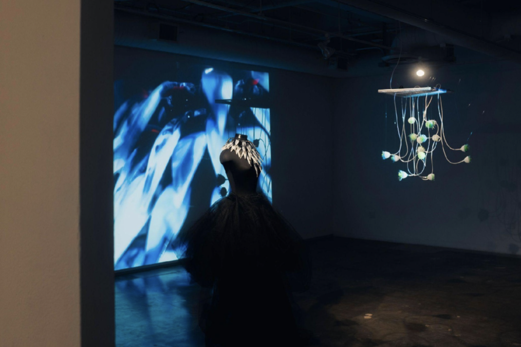  MAT student Yin Yu’s projects “SoftVoss” left, and “OctoAnemone,” right, exhibited in UCSB’s Glassbox Gallery.     Photo by JM Escalante. 